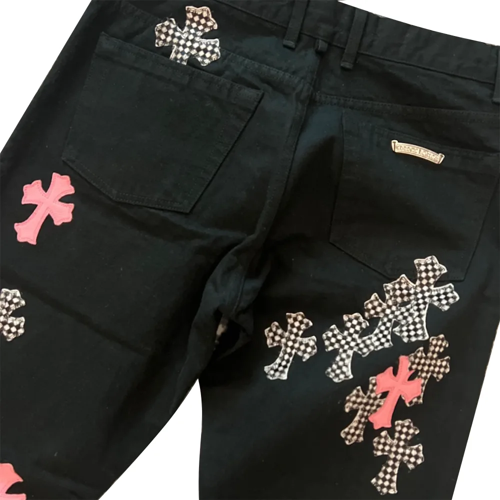 Chrome Hearts Pink Checkered Cross Patch Fleurknee Jeans细节1