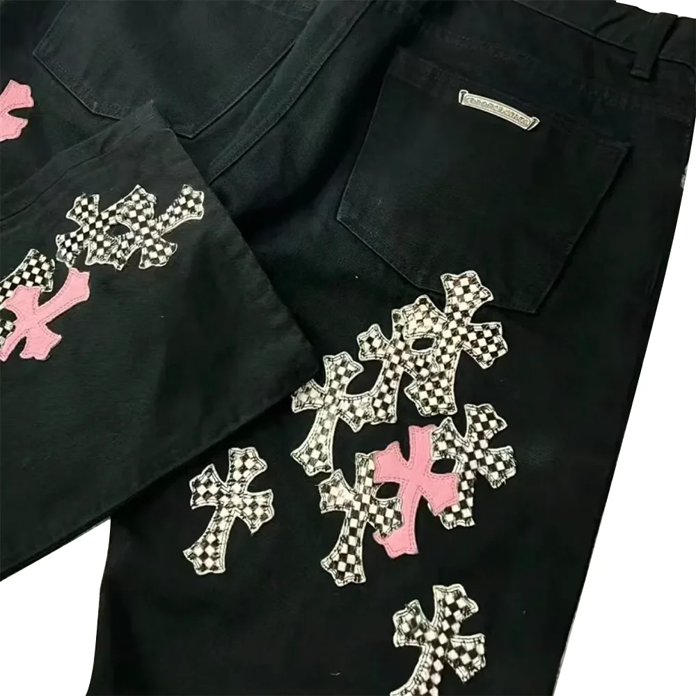Chrome Hearts Pink Checkered Cross Patch Fleurknee Jeans细节2