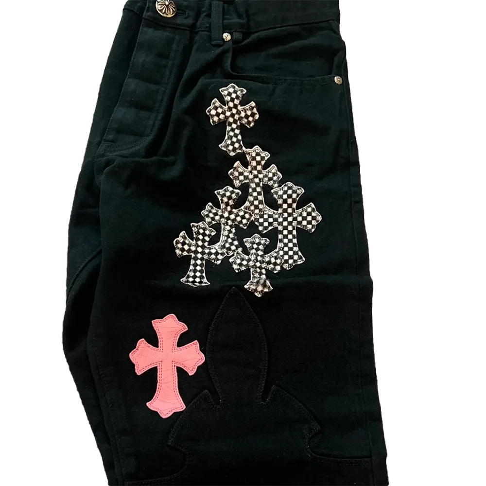 Chrome Hearts Pink Checkered Cross Patch Fleurknee Jeans细节4